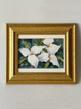 Original Watercolor White Trillium Floral Art Sylvia Valentine Signed Framed
